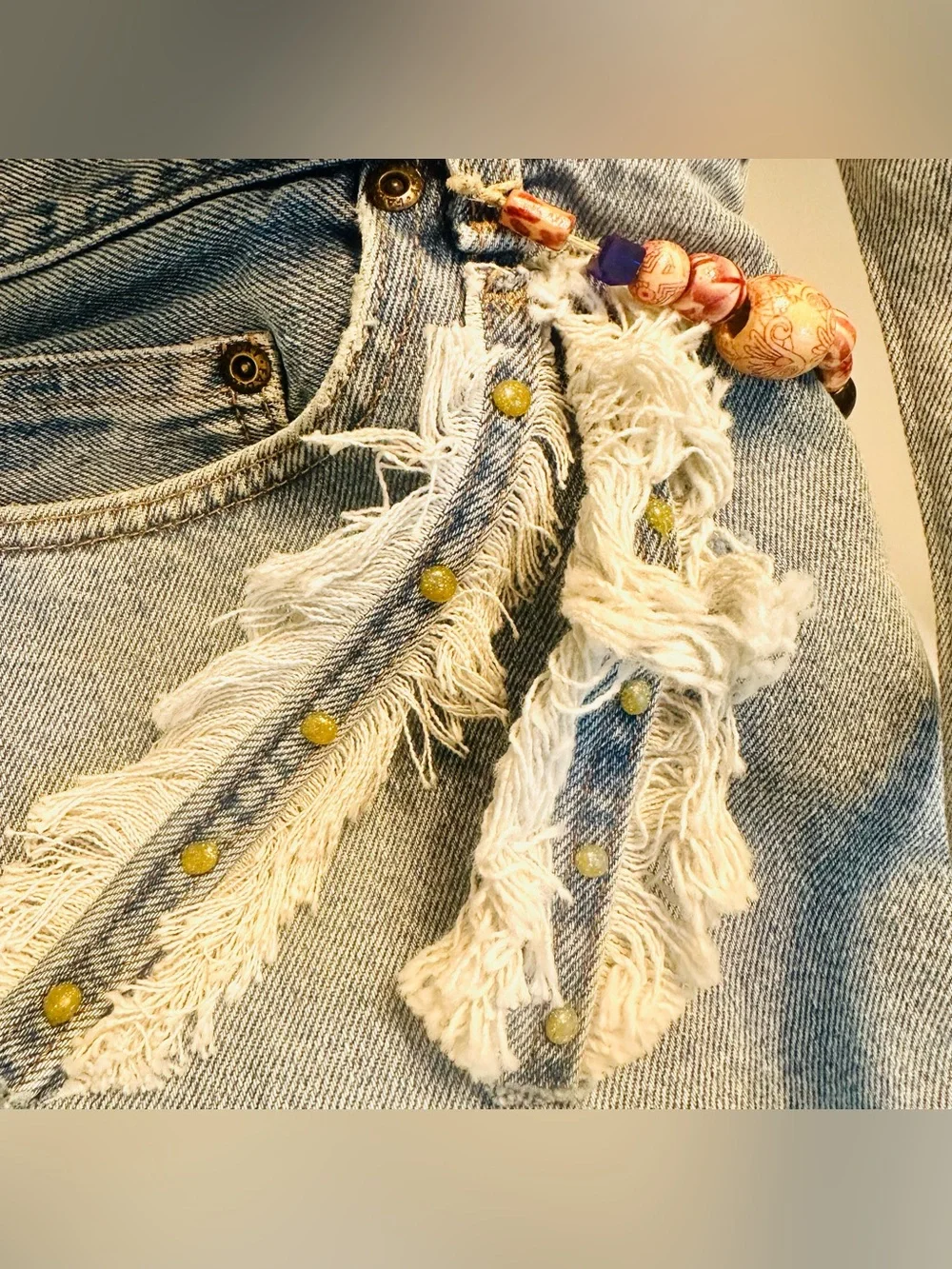 Unique BOHO Handmade Crossbody Upcycled Denim Fringed W/Beads Bag